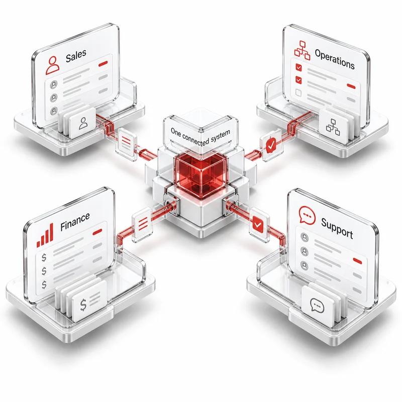 Sales, Operations, Finance, and Support applications connected to one shared operational system