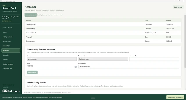 Farm Record Book Accounts screen showing sample checking, credit card, cash, savings, and loan balances with a transfer form