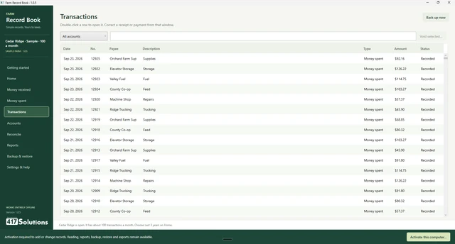 Farm Record Book Transactions screen with sample payments listed by date, payee, description, amount, and status